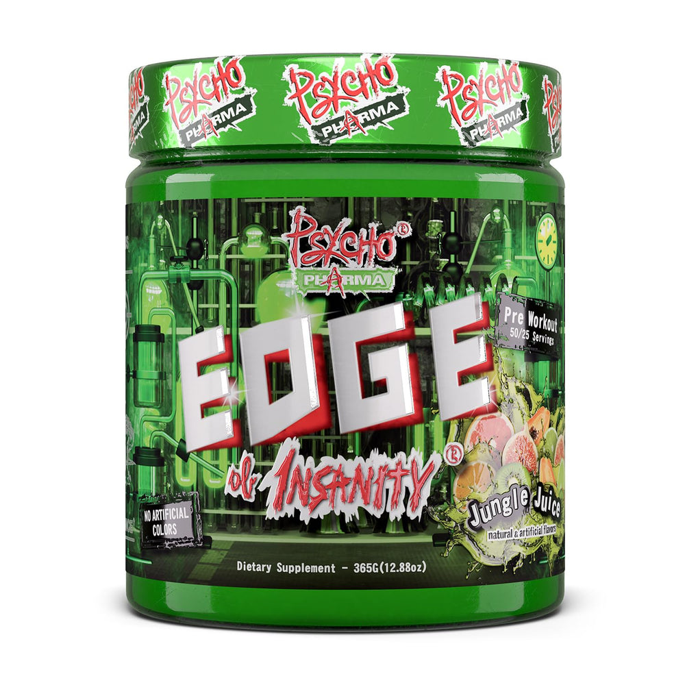 Psycho Pharma Edge of Insanity tub front shows bold preworkout formula for intense sessions.
