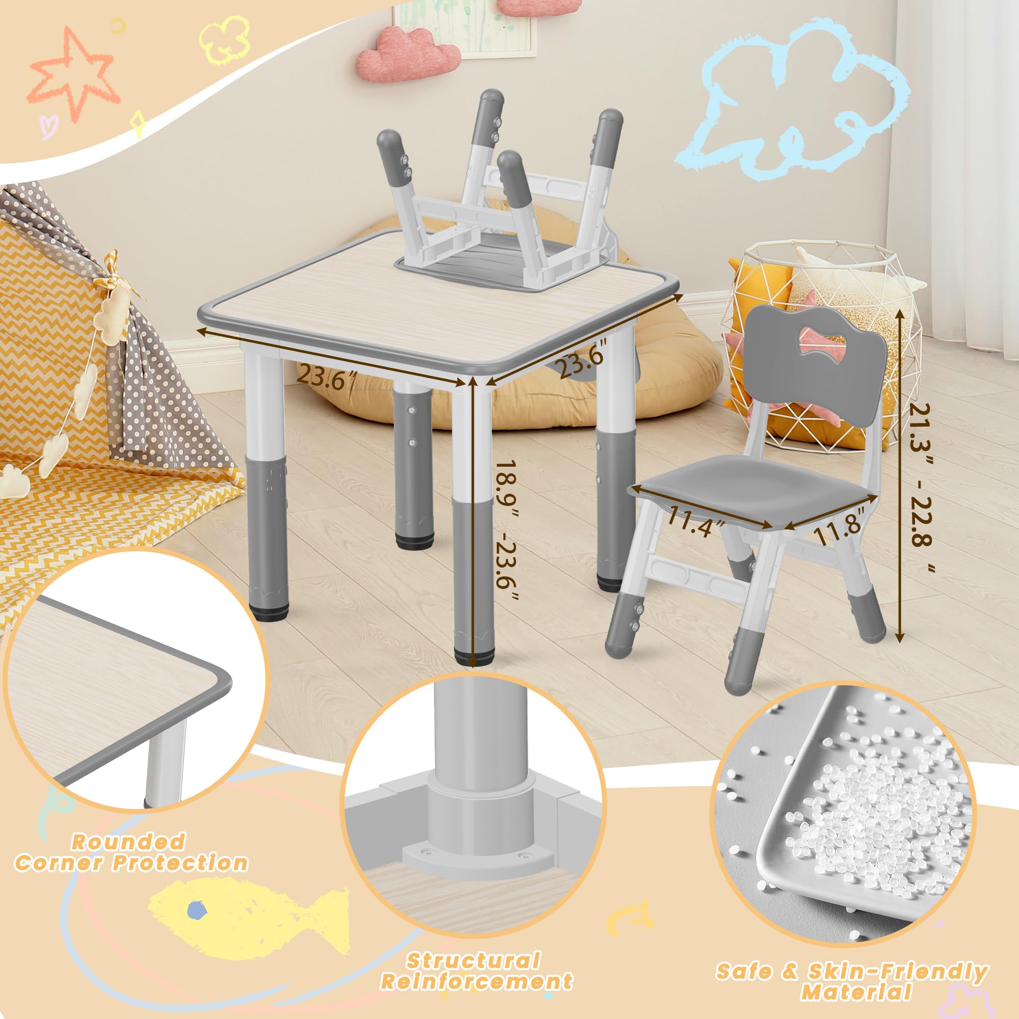 Pterying adjustable-height table and chairs adapt to growing children for comfortable study.