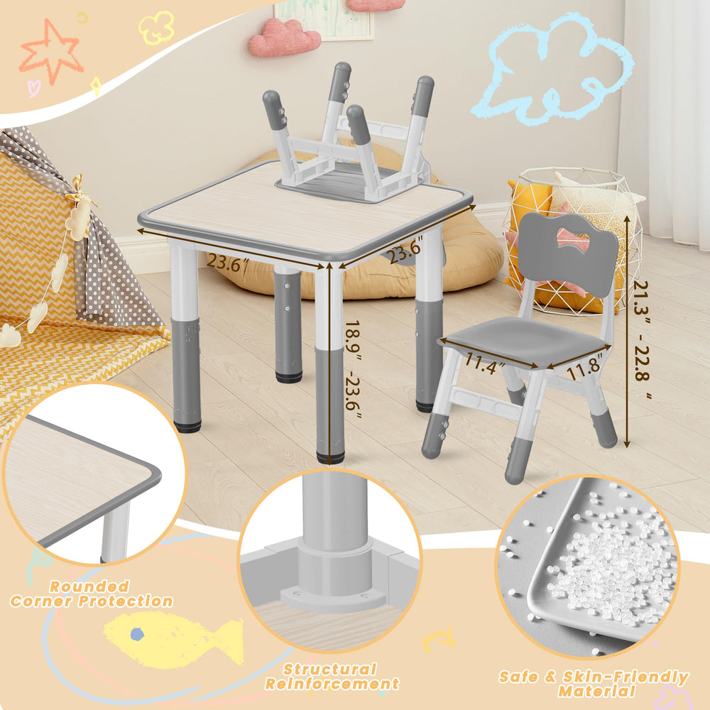 Pterying adjustable-height table and chairs adapt to growing children for comfortable study.