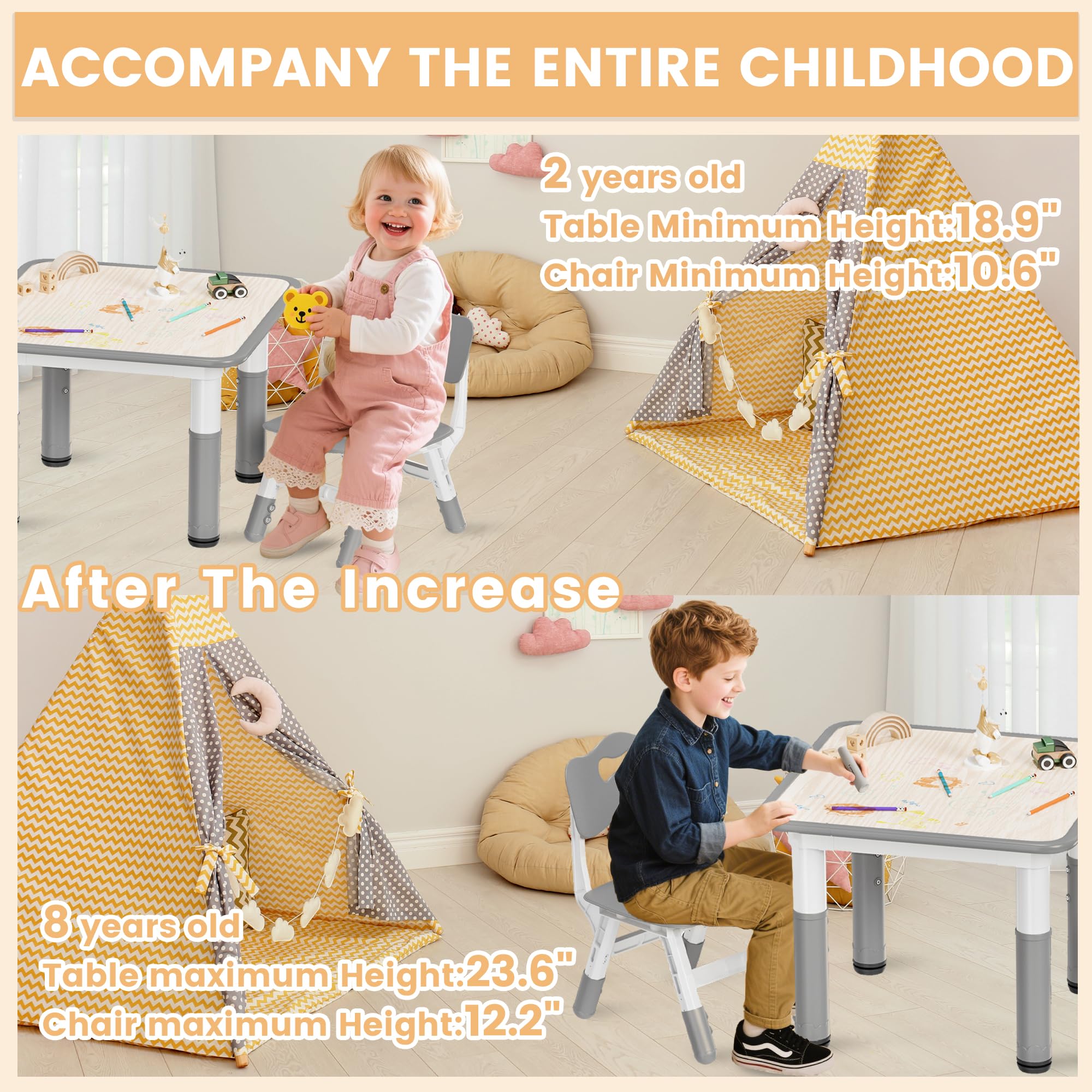 Pterying wooden tabletop provides ample space for arts and crafts.