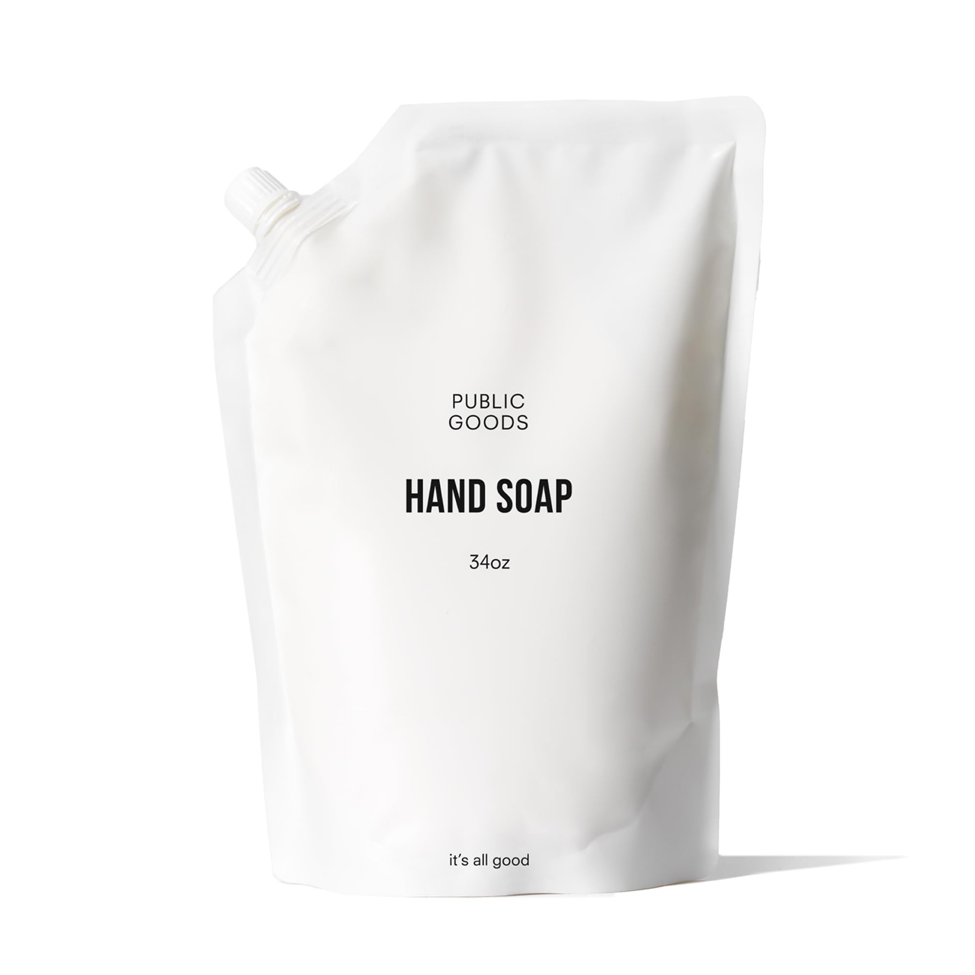 Public Goods Hand Soap bottle pour highlights a gentle cleansing with natural oils