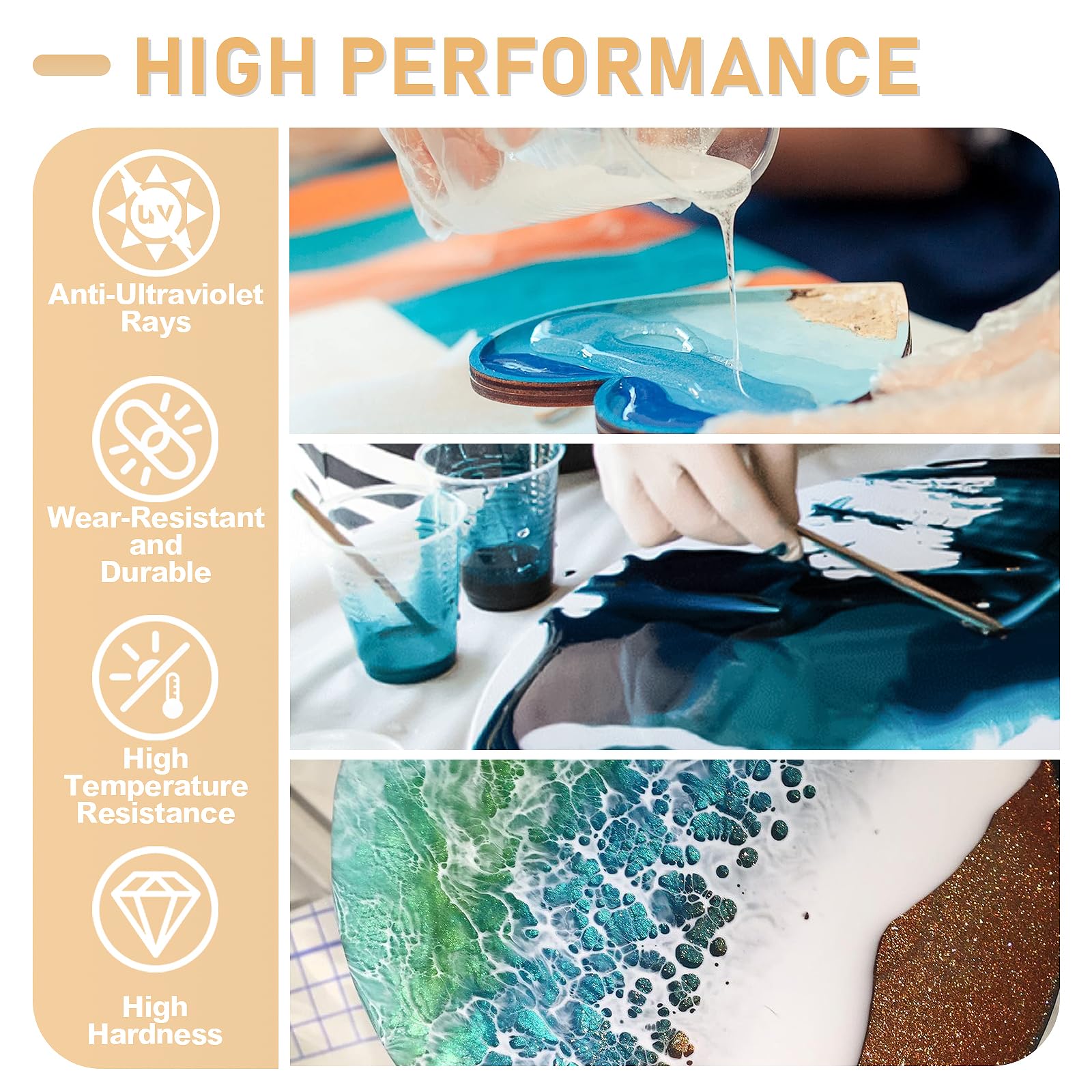 Puduo epoxy resin kit clear gloss finish delivers durable shine on surfaces.