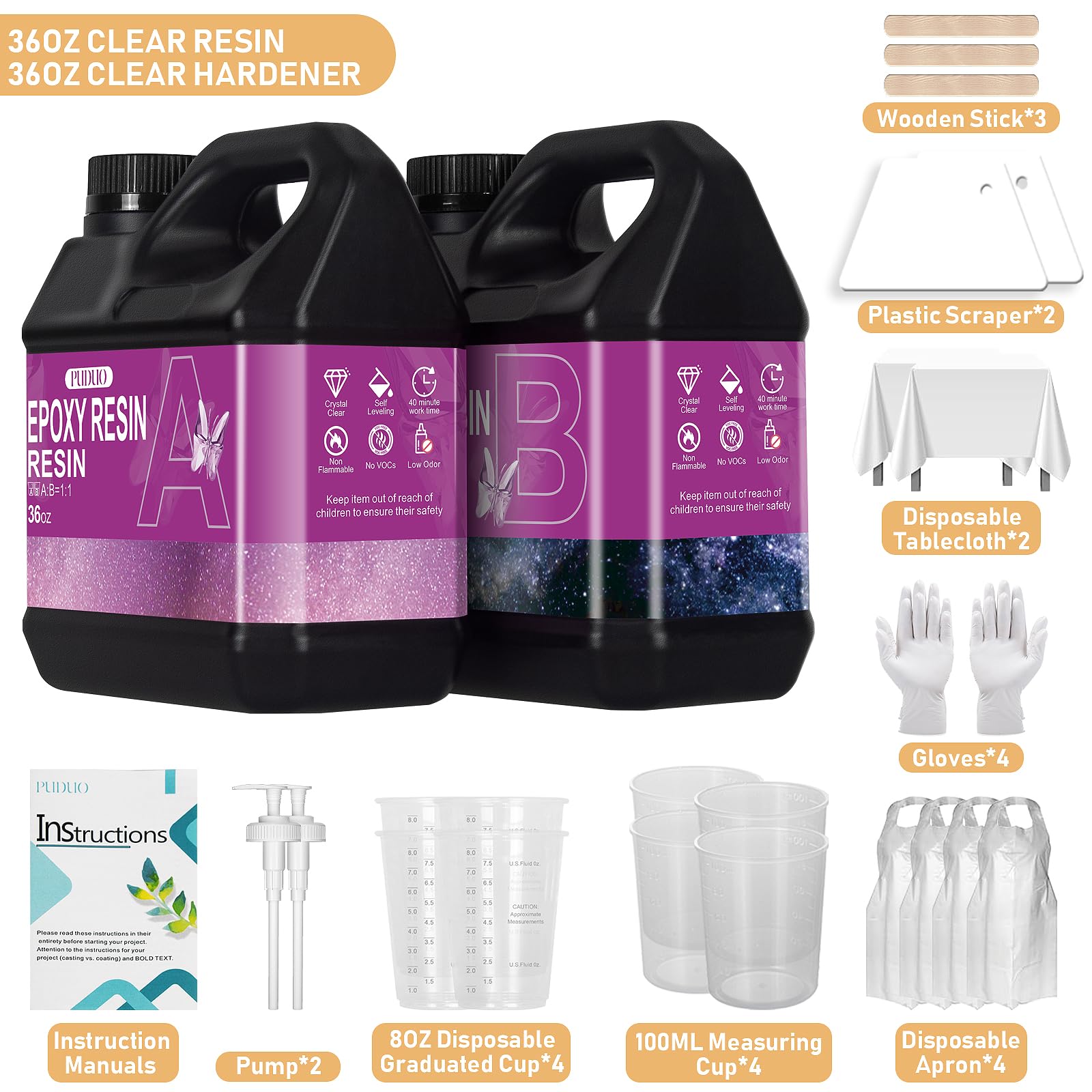 Puduo epoxy resin kit contents with pumps, cups, and tools for quick setup.