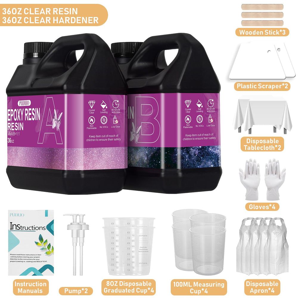 Puduo epoxy resin kit contents with pumps, cups, and tools for quick setup.