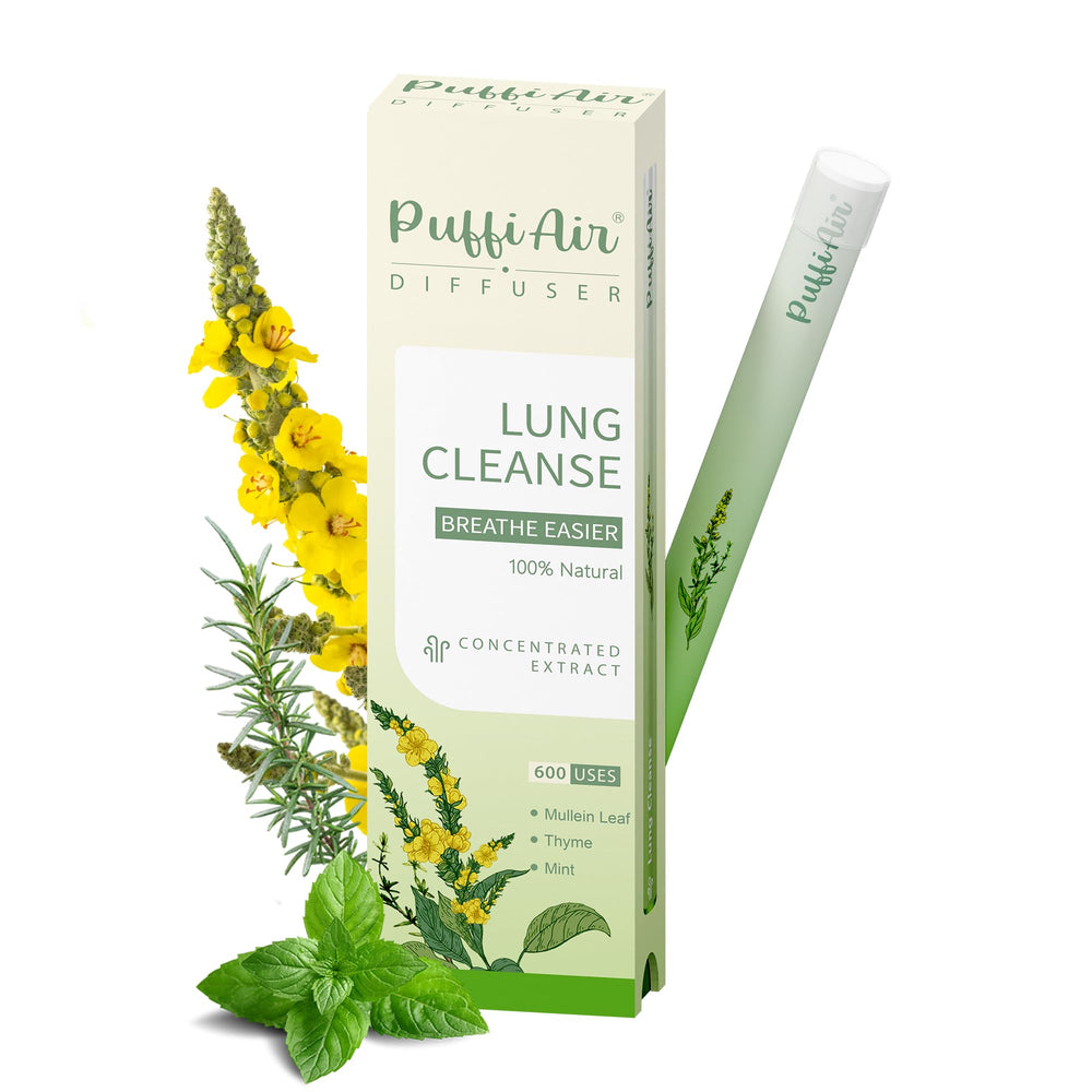 PUFFIAIR Herbal Diffuser Pen closeup showcasing natural ingredients for mindful breathing.