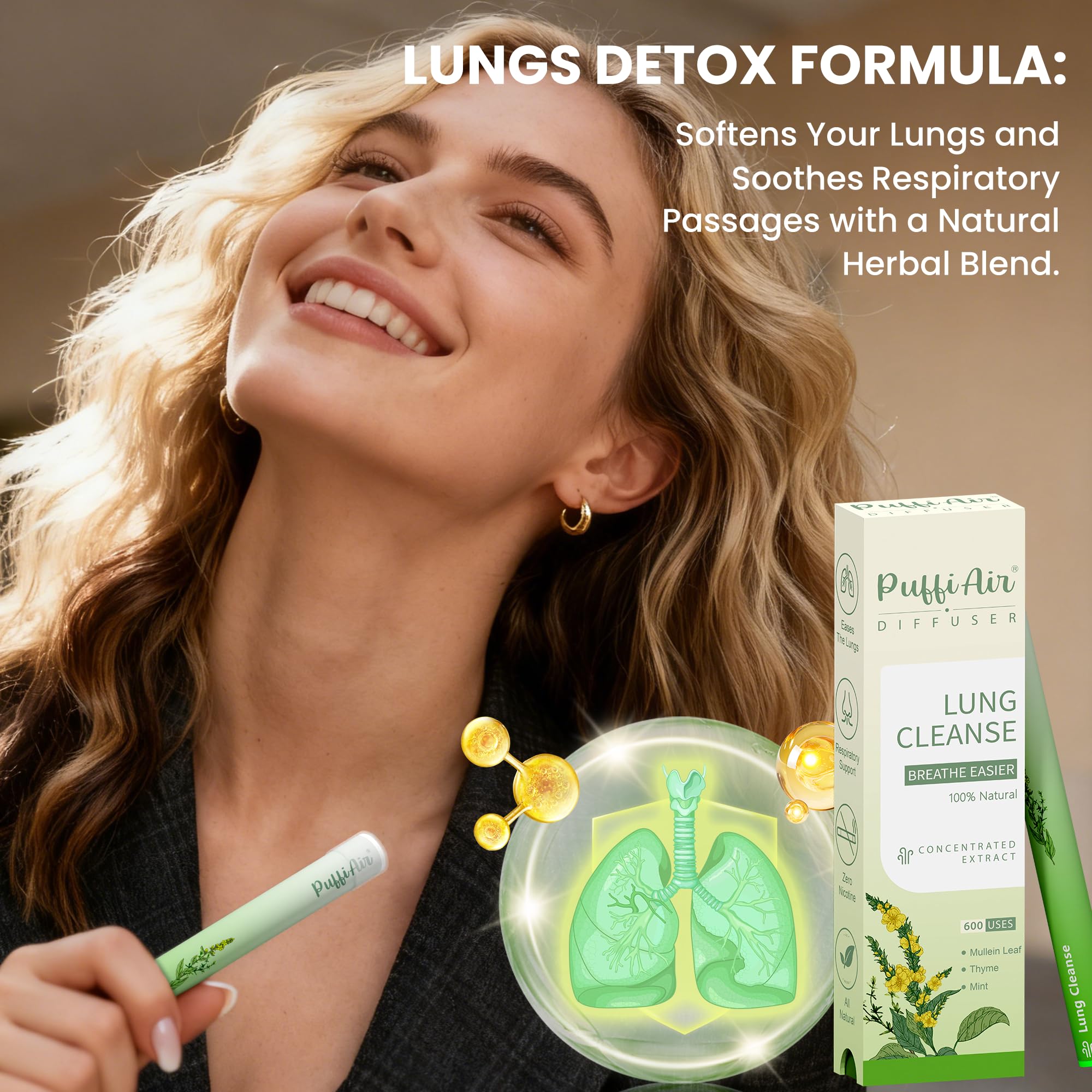 PUFFIAIR Mindful breathing aroma with mint notes for calm routines.