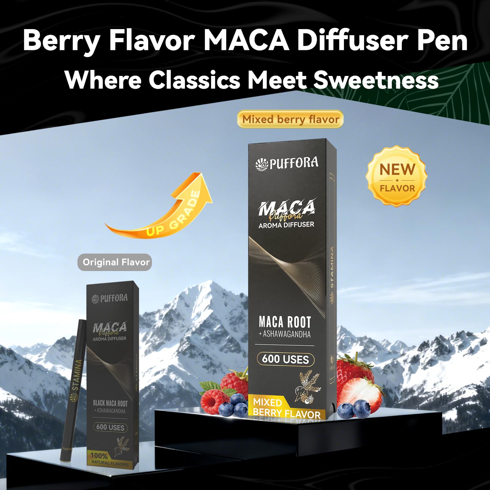 Puffora Energy Diffuser Pen ingredients maca and ashwagandha for gentle balance
