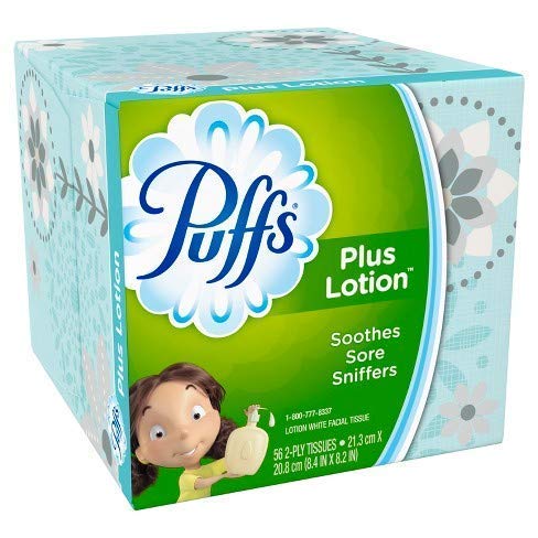 Puffs Plus Lotion tissues cube pack highlighting convenient six box bundle for households.