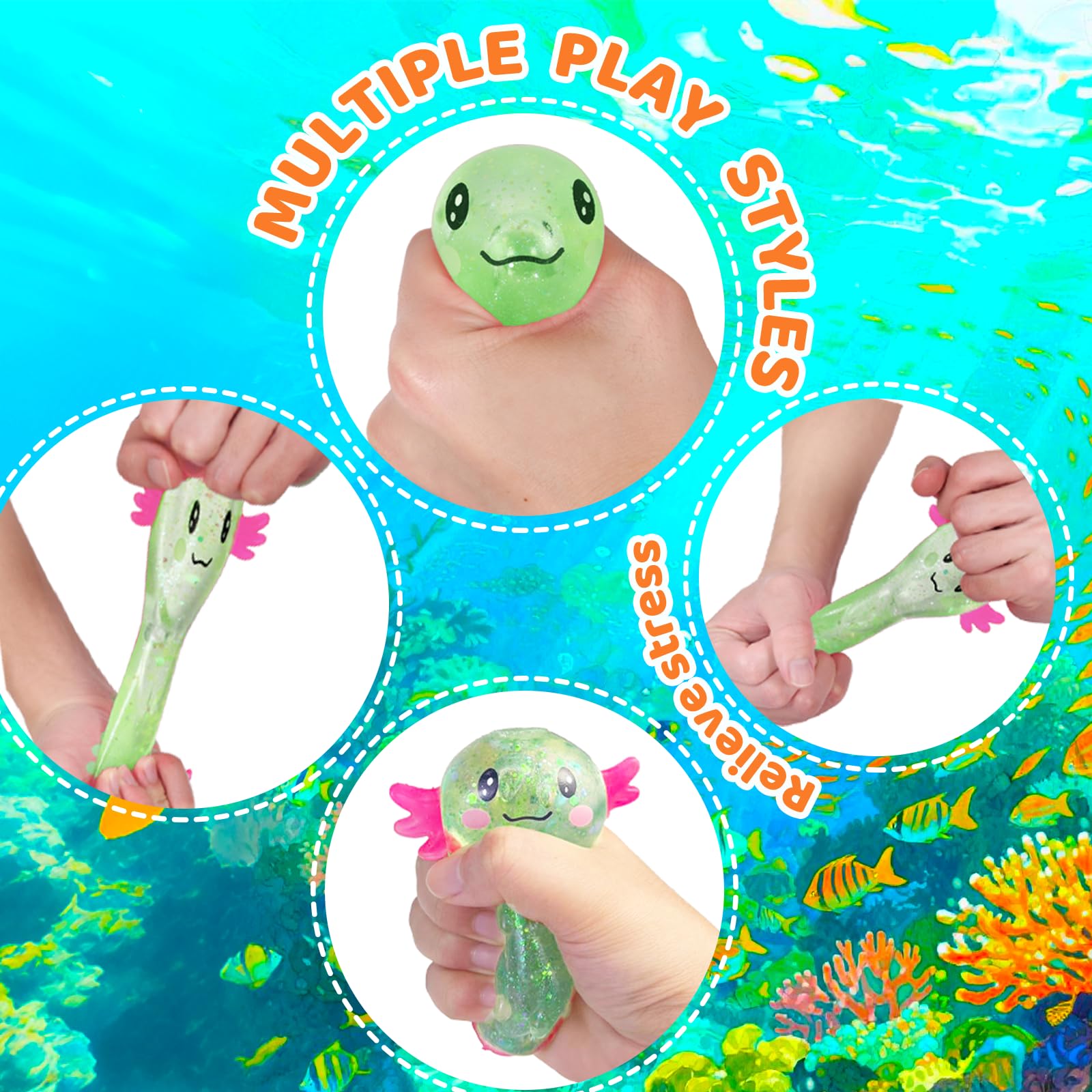 Close-up of Puffwize axolotl squishy toy in green highlighting tactile texture