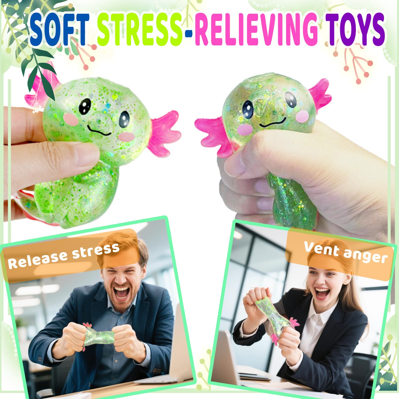 Glittery detail on Puffwize axolotl squishy toy in green