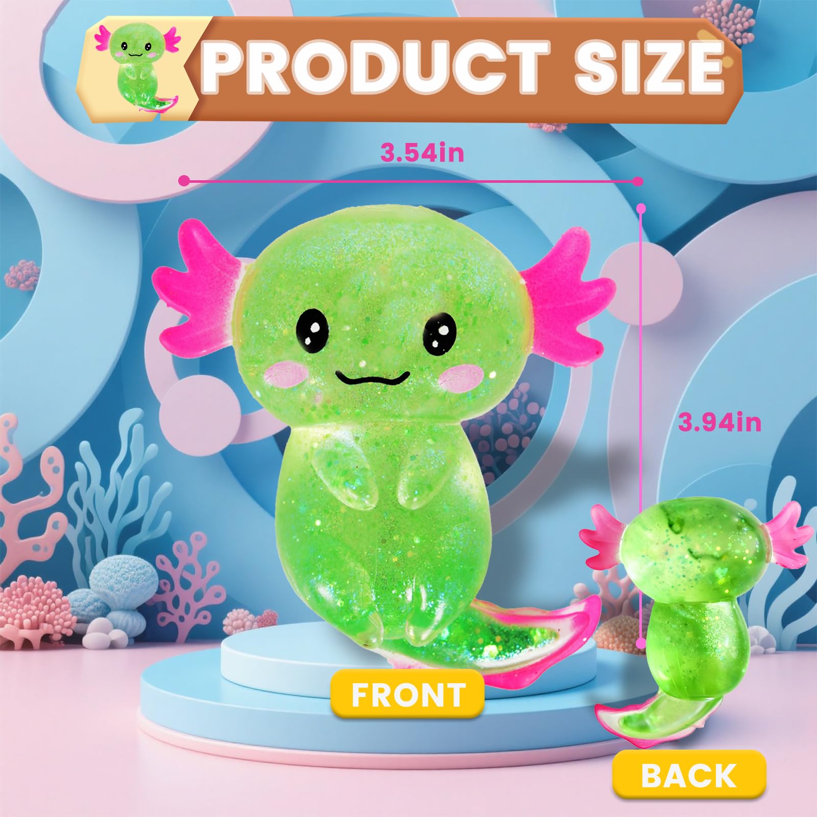 Puffwize axolotl squishy toy shown as a stress-relief option for focus