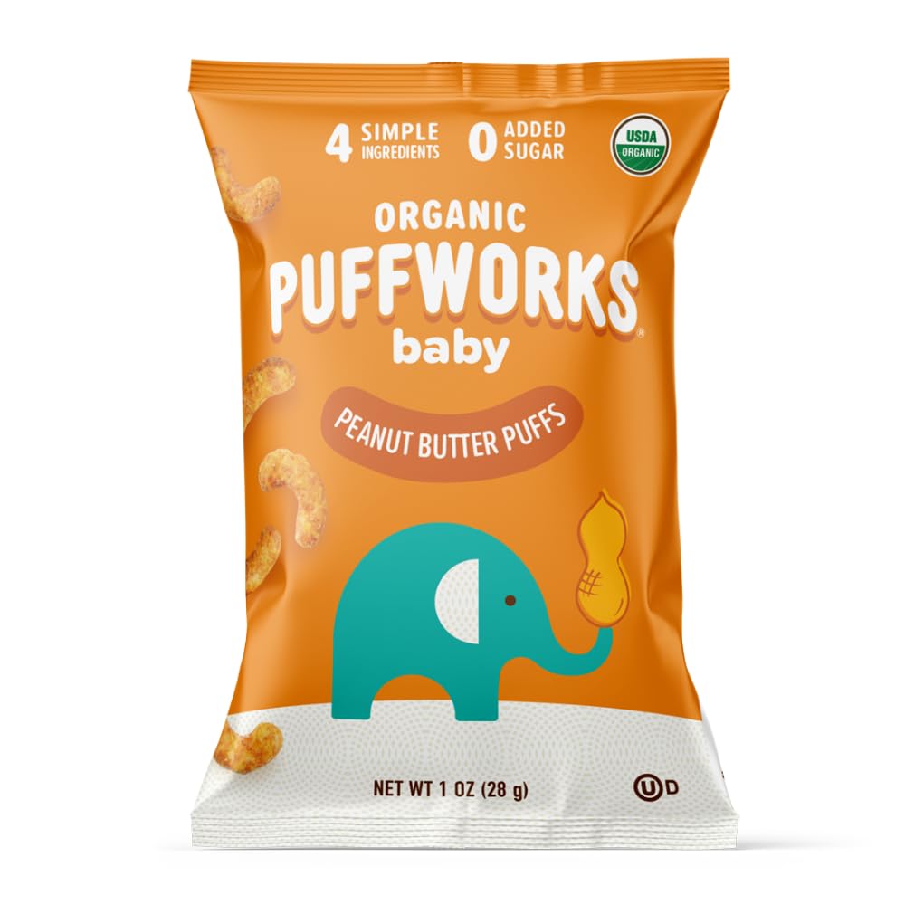 Puffworks Baby Organic Peanut Butter Puffs pack for on-the-go snacking.
