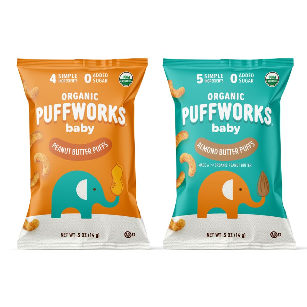 Puffworks Baby Peanut and Almond Variety Pack in a box for easy, pocket-size snacks.