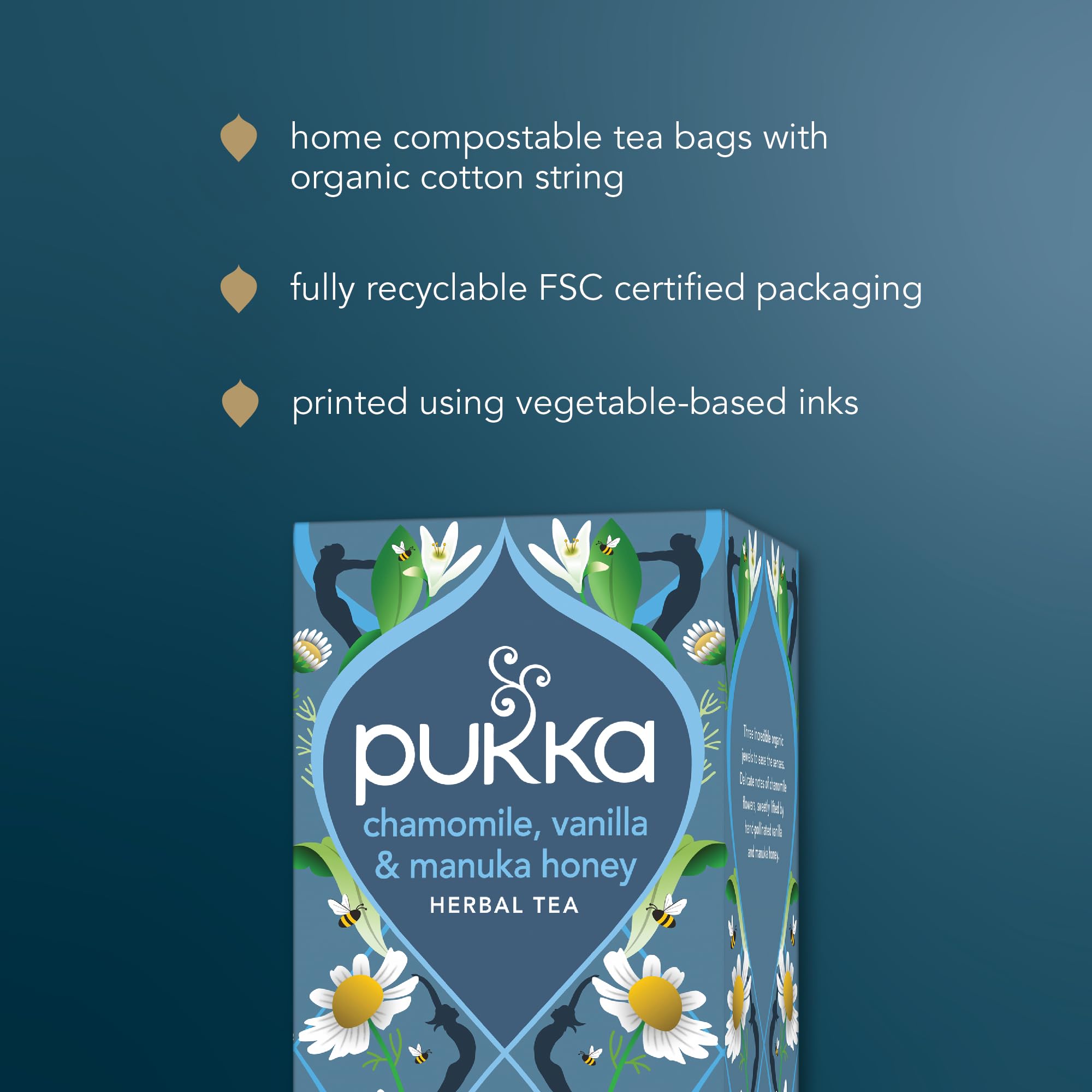 Pukka Calming Chamomile blend close-up showing key ingredients