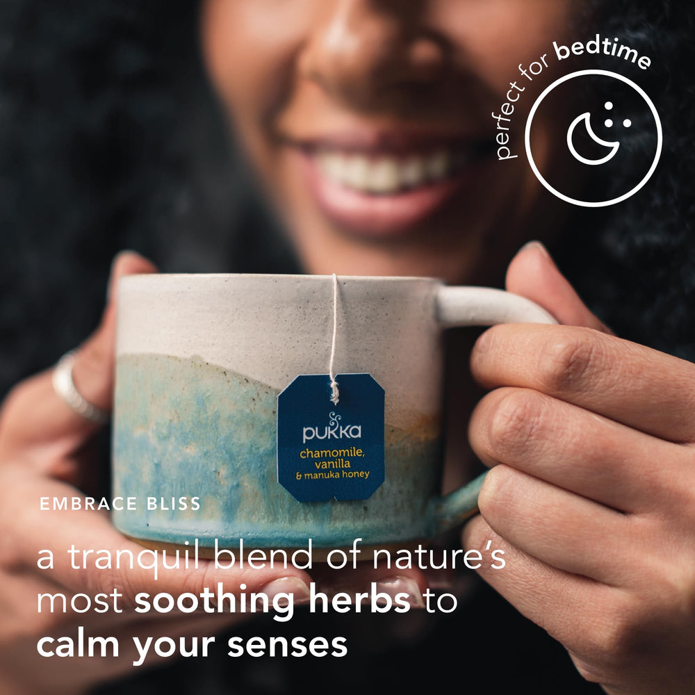 Pukka Calming Chamomile tea cup steaming with soothing aromas