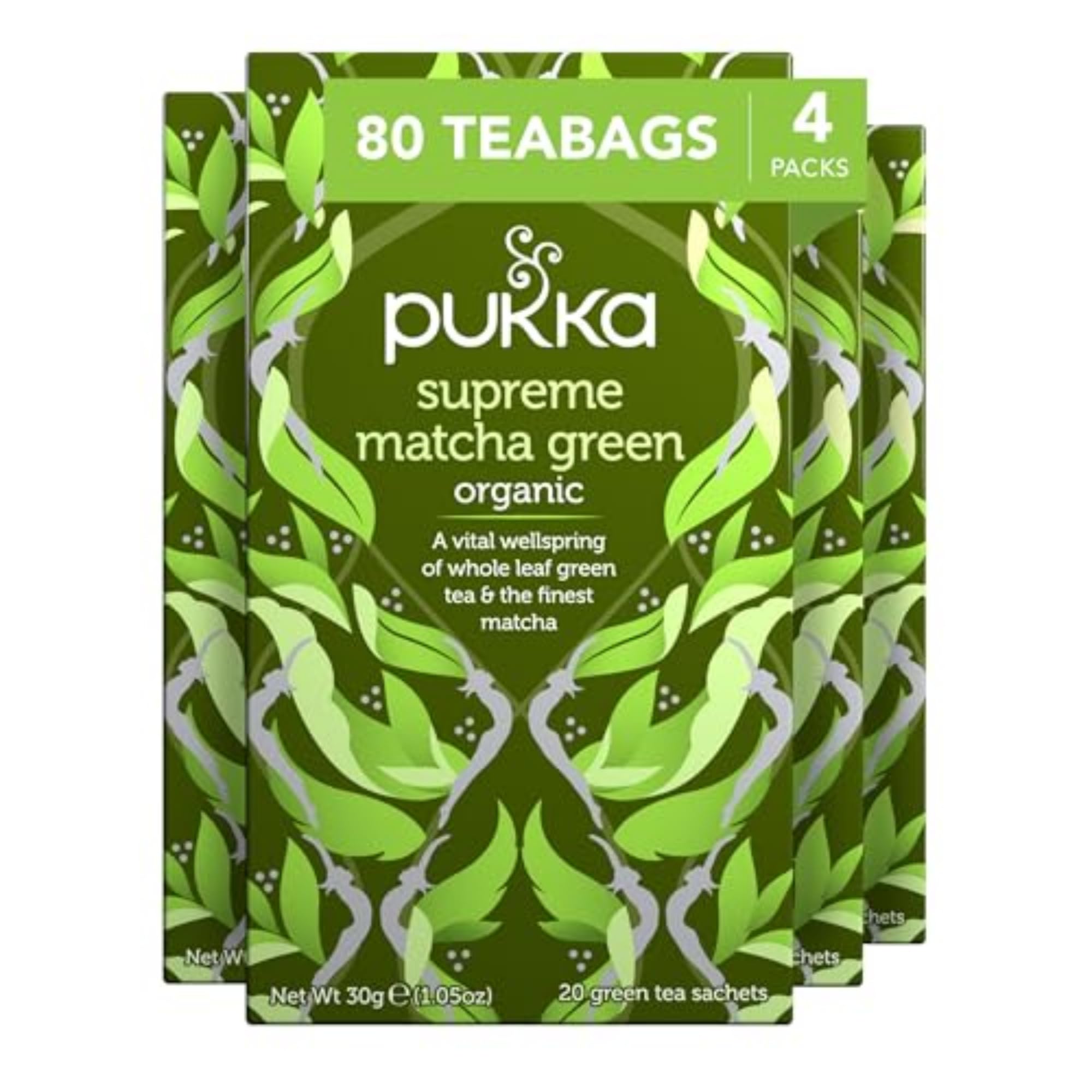 Pukka Supreme Matcha Green front-pack, ideal for a fresh morning ritual.