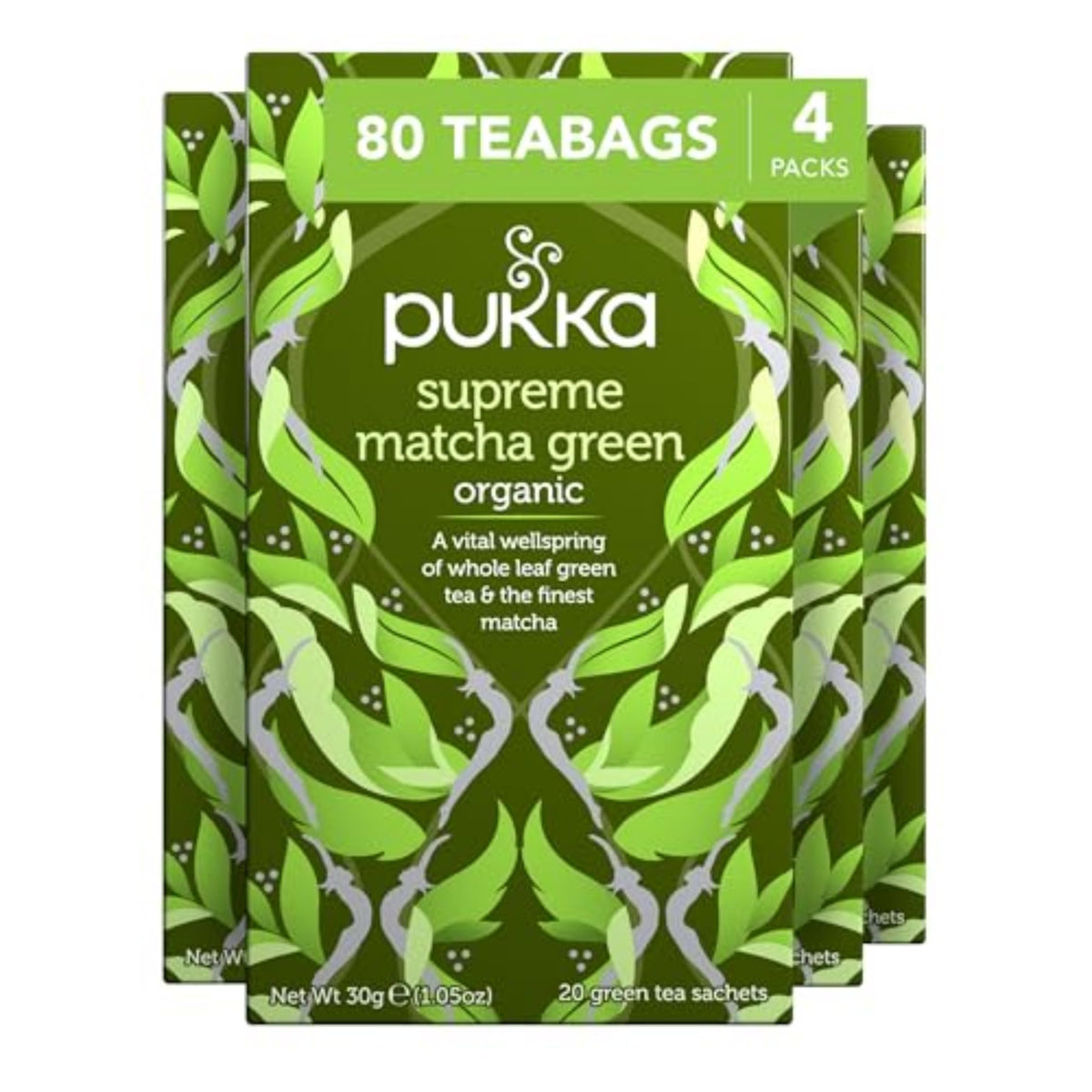 Pukka Supreme Matcha Green front-pack, ideal for a fresh morning ritual.