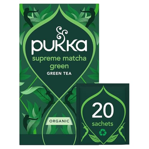 Close-up of Pukka Supreme Matcha Green tea bags highlighting two-chamber design for rich flavor in every cup.