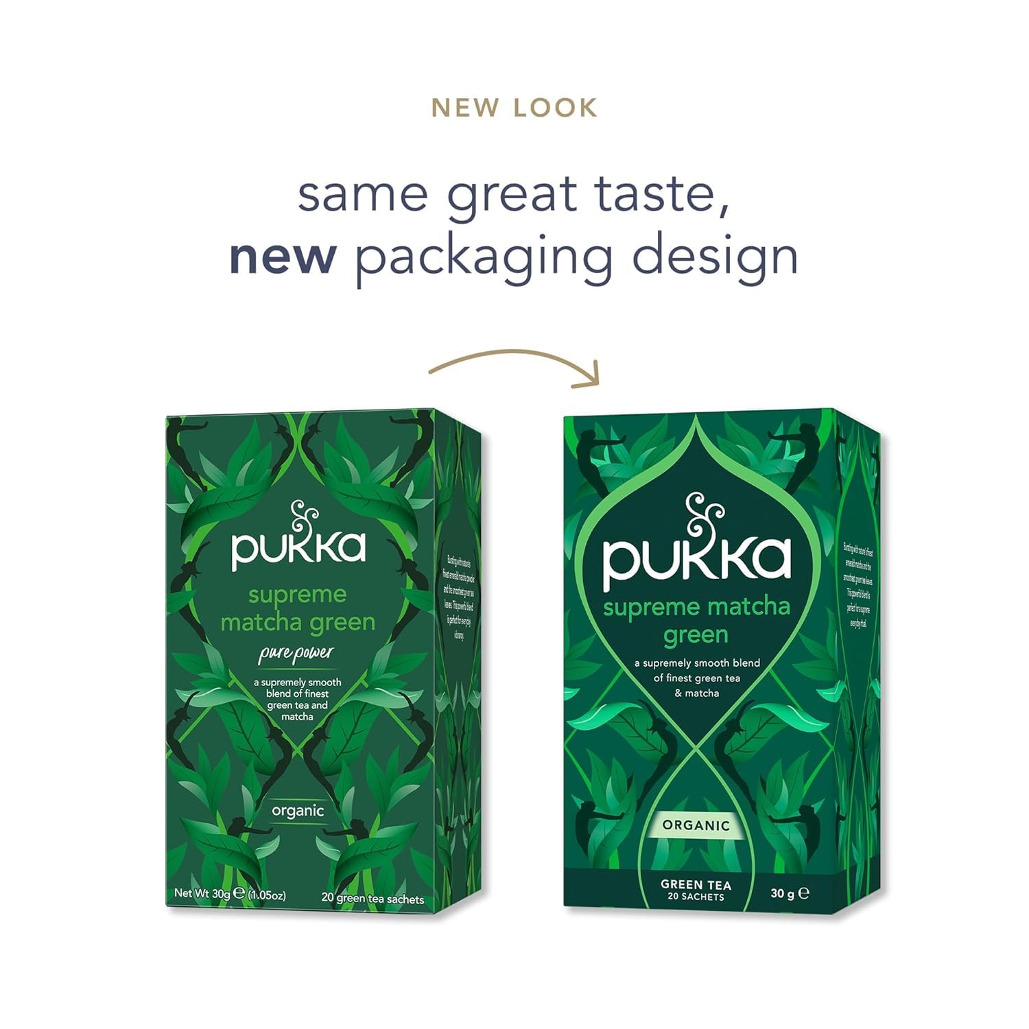 Two-chamber Pukka Supreme Matcha Green tea bag ready to steep for full flavor.