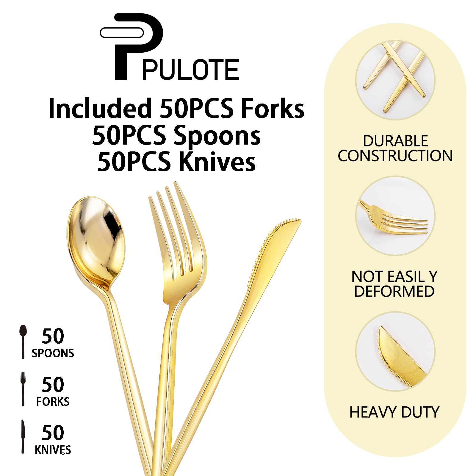 PULOTE gold plastic knife closeup showcases durable, thick plastic and elegant finish.