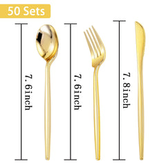 PULOTE gold plastic silverware closeup highlights metal-like sheen and sturdy construction.