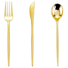 PULOTE gold plastic silverware set overview, a stylish disposable choice for celebrations.