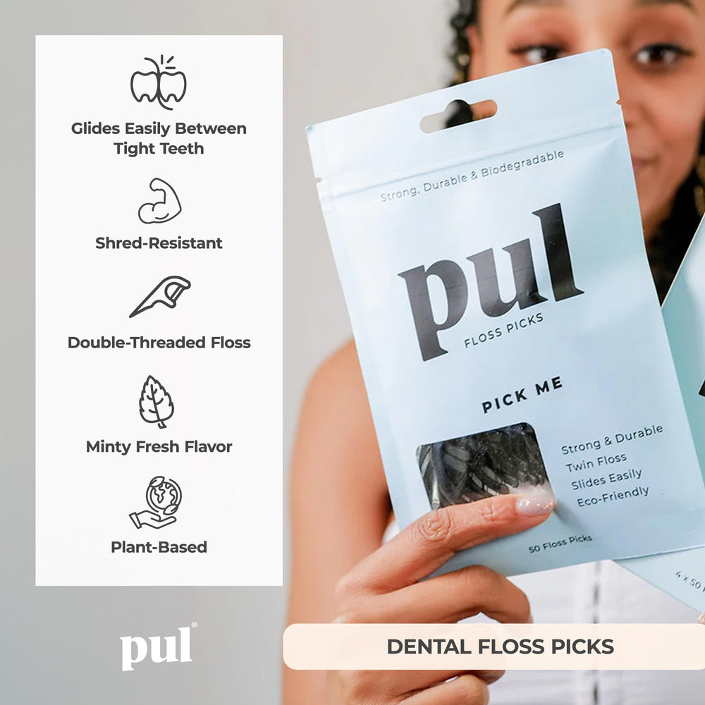 PUL floss picks with shred-resistant floss clean tight spaces and braces areas.