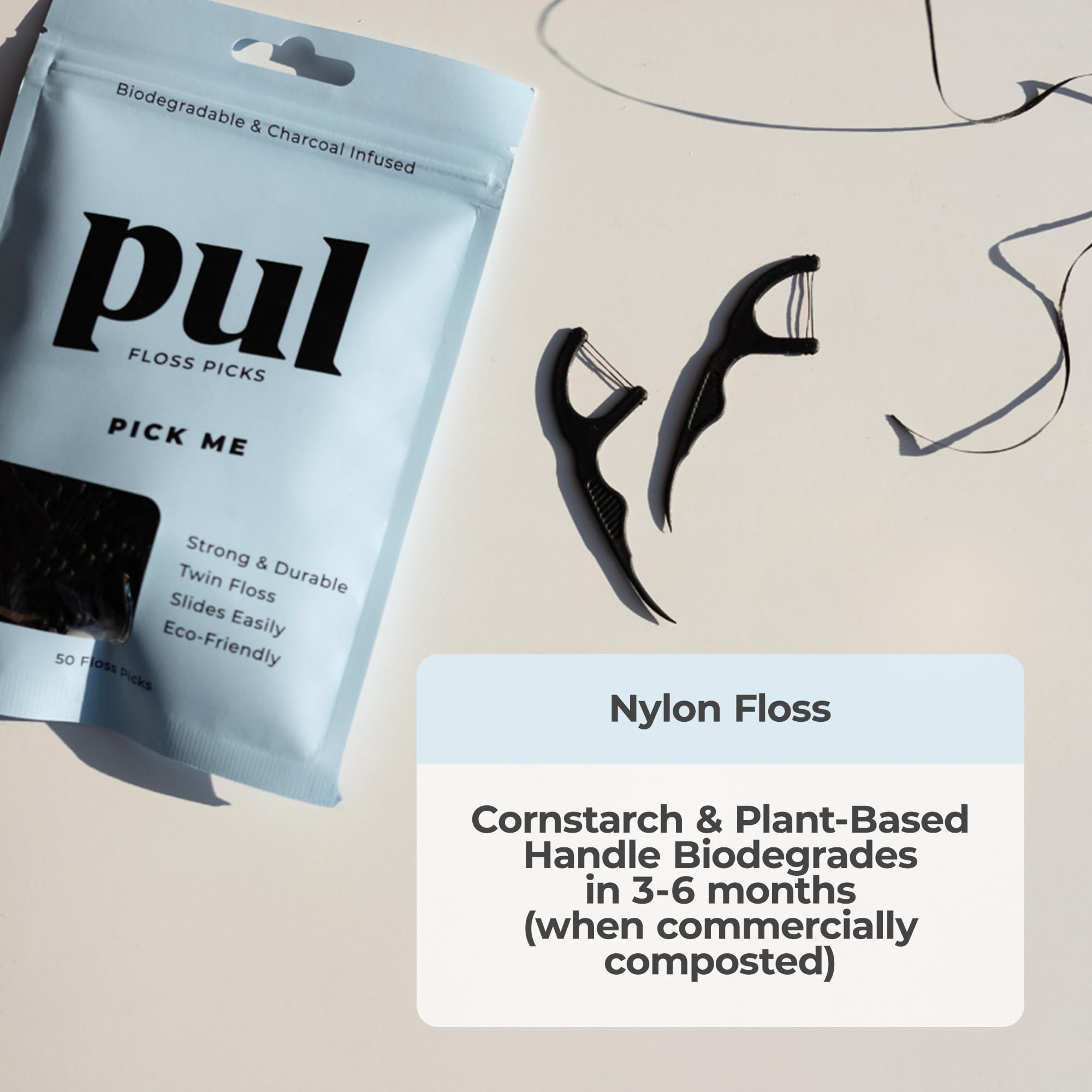 Reinforced floss reaches tight spaces for effective cleaning around teeth.