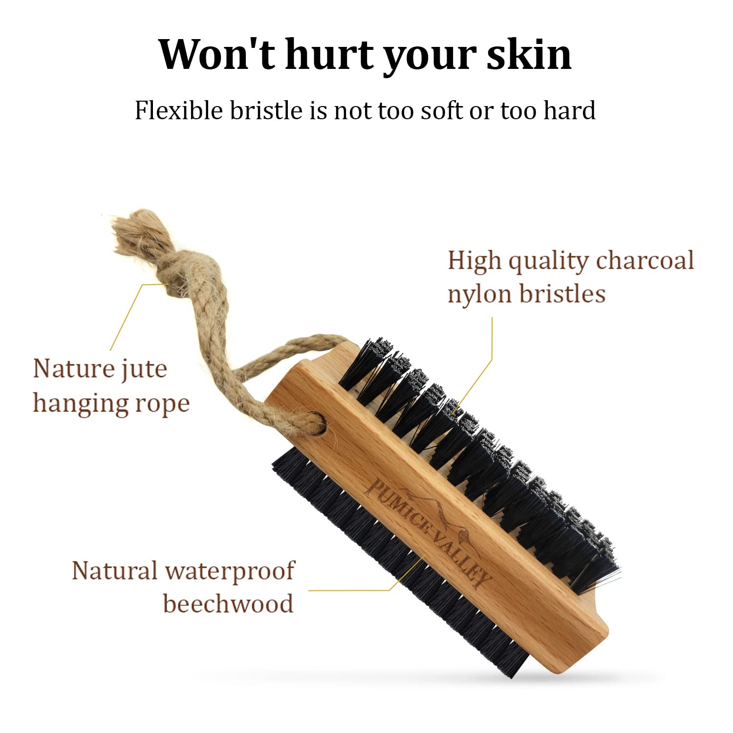 Pumice Valley double-sided nail brush for nails and skin cleaning.