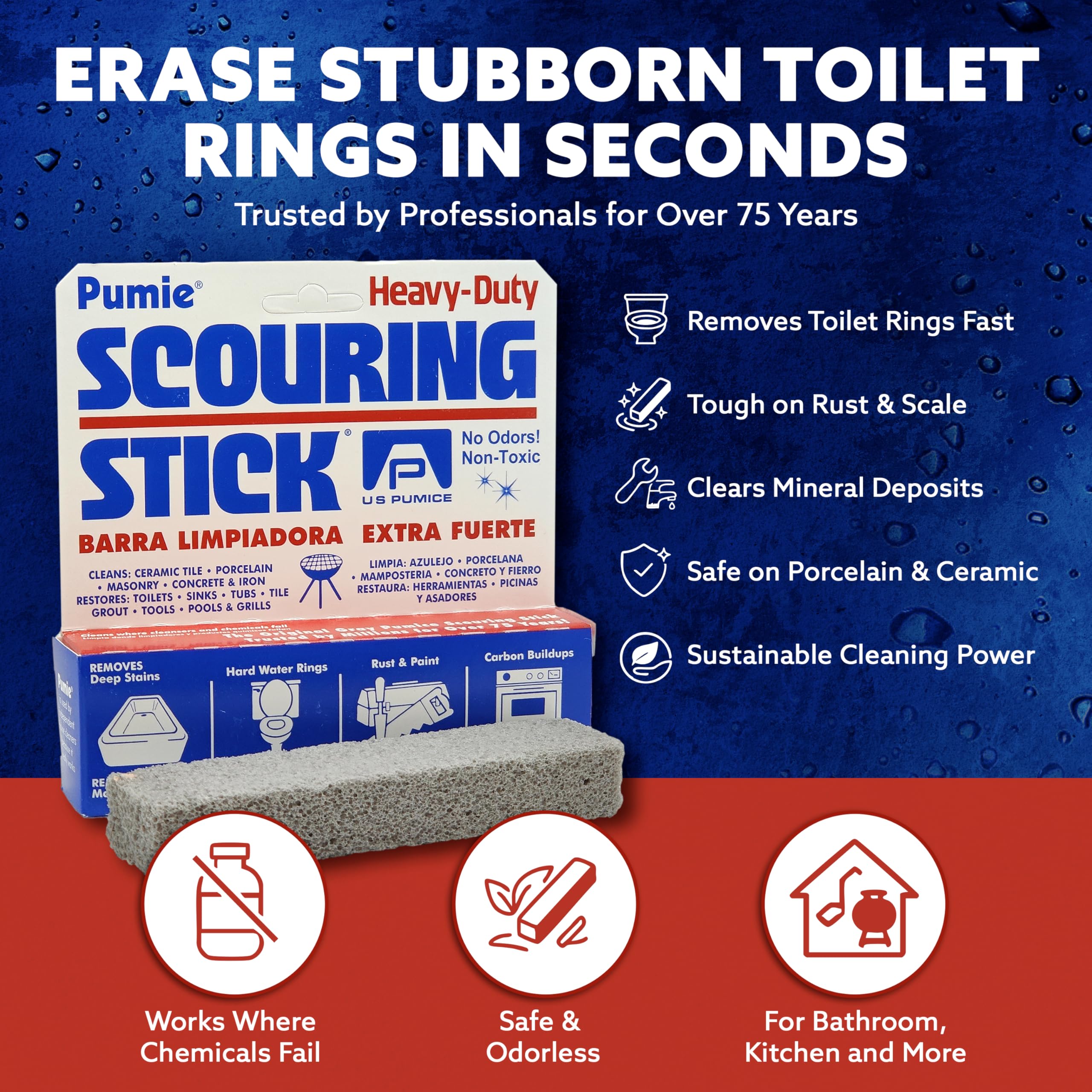 PUMIE HDW Scouring Stick tackles hard water rings in toilets.