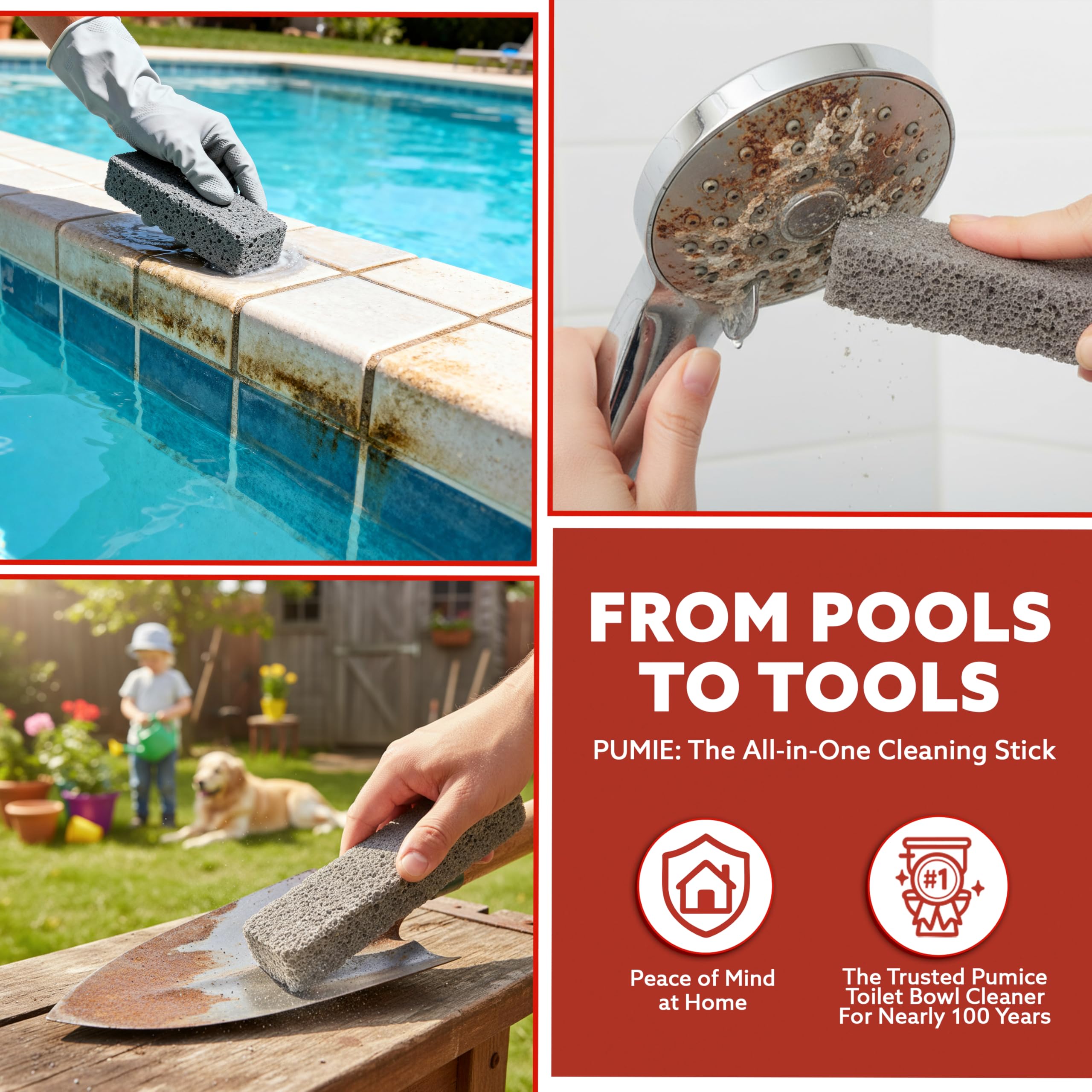 Family-friendly cleaning with PUMIE HDW Scouring Stick on various surfaces.