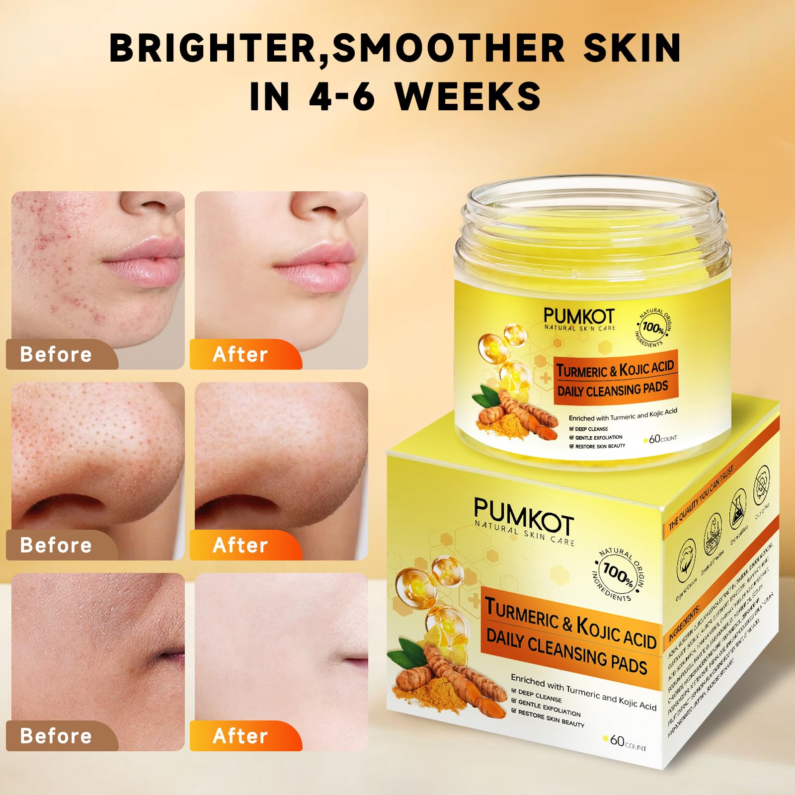Pumkot cleansing pads used on face for cleansing action.