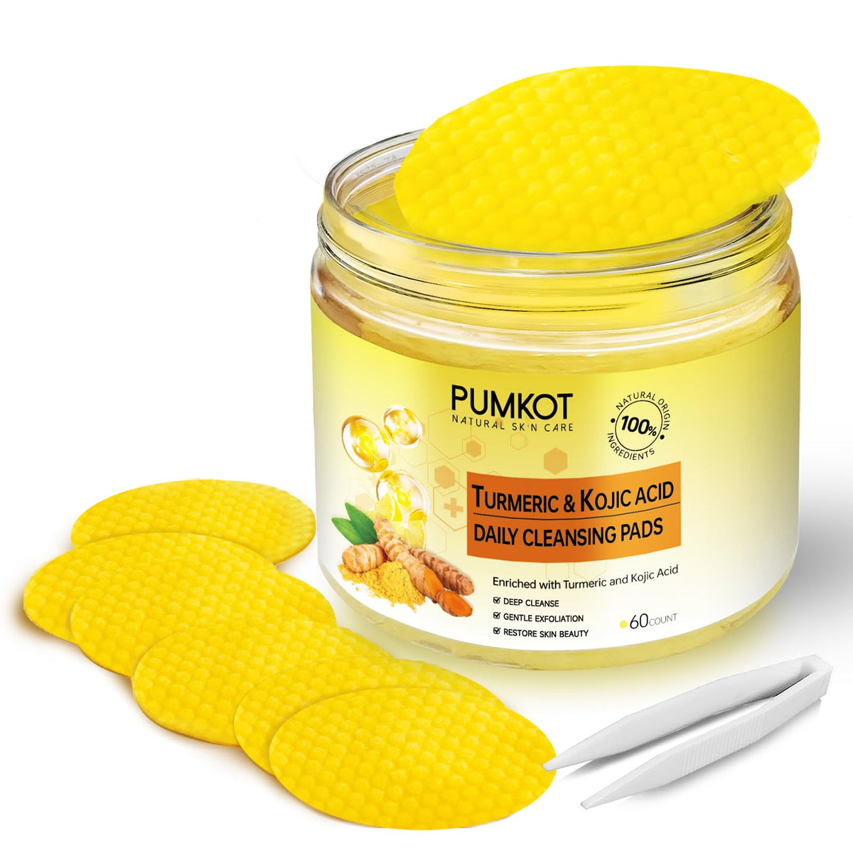 Pumkot turmeric kojic cleansing pads packaging shown, travel-friendly design.
