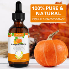 Pumpkin seed oil bottle label highlighting natural, additive-free oil for daily care.