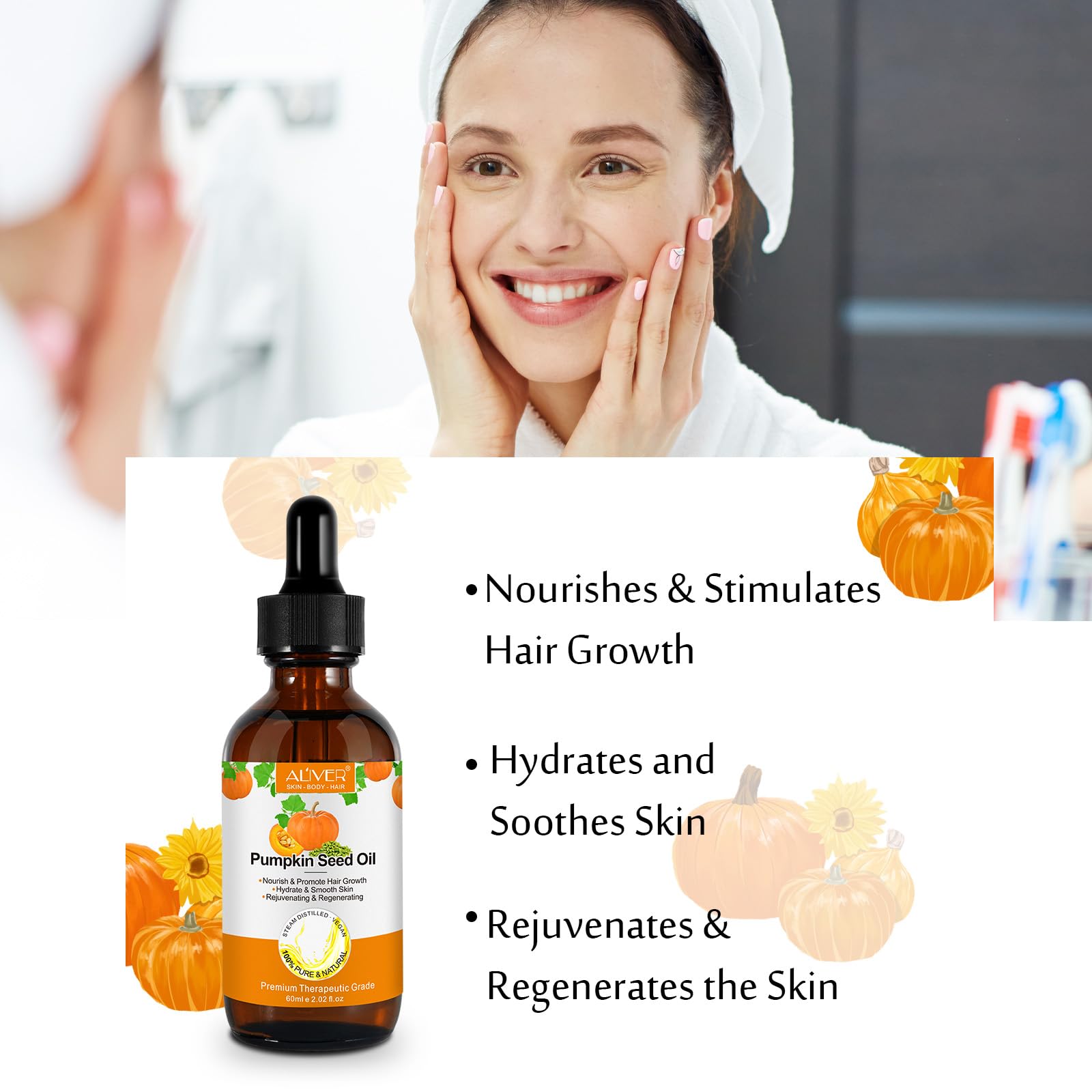 Pumpkin seed oil hair application demonstrates nourishment for dry, damaged strands.