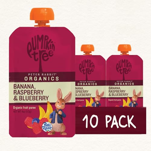 Bright fruit puree color indicating a natural raspberry-banana-blueberry blend.