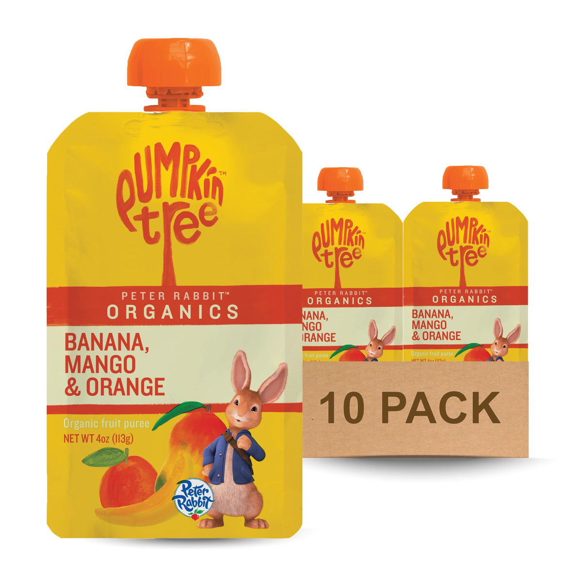 Pumpkin Tree Peter Rabbit Organic mango banana orange pouch pack for kids, convenient on-the-go nutrition.