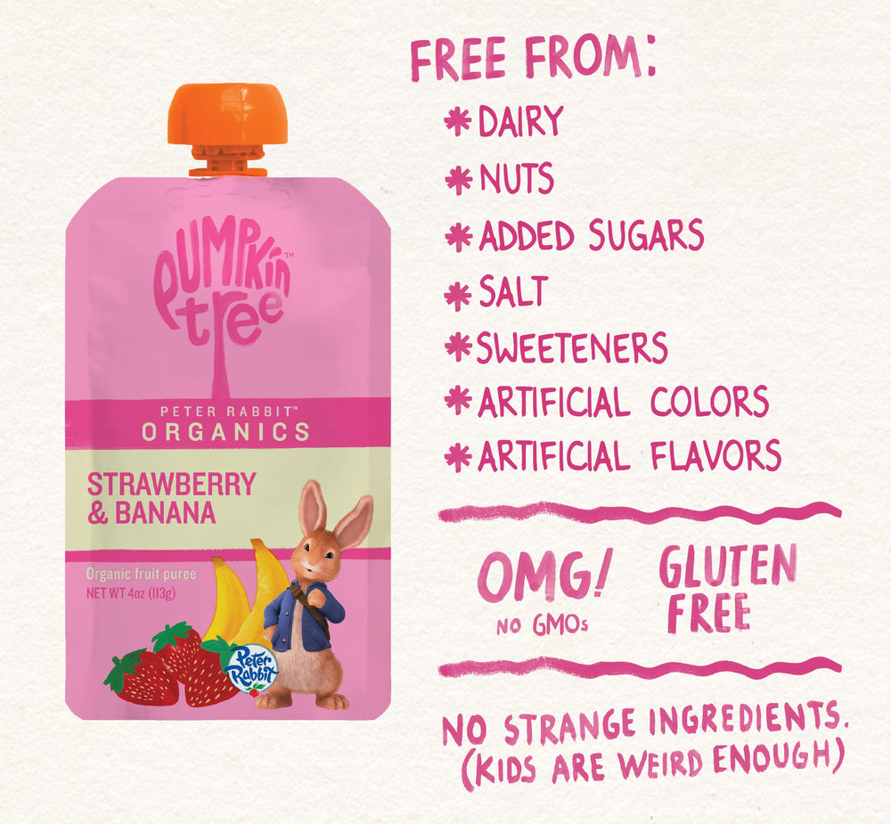 Pumpkin Tree Peter Rabbit Organic fruit ingredients label, highlighting bananas, strawberries, lemon juice concentrate.