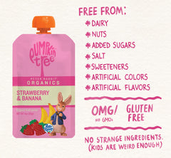 Pumpkin Tree Peter Rabbit Organic fruit ingredients label, highlighting bananas, strawberries, lemon juice concentrate.