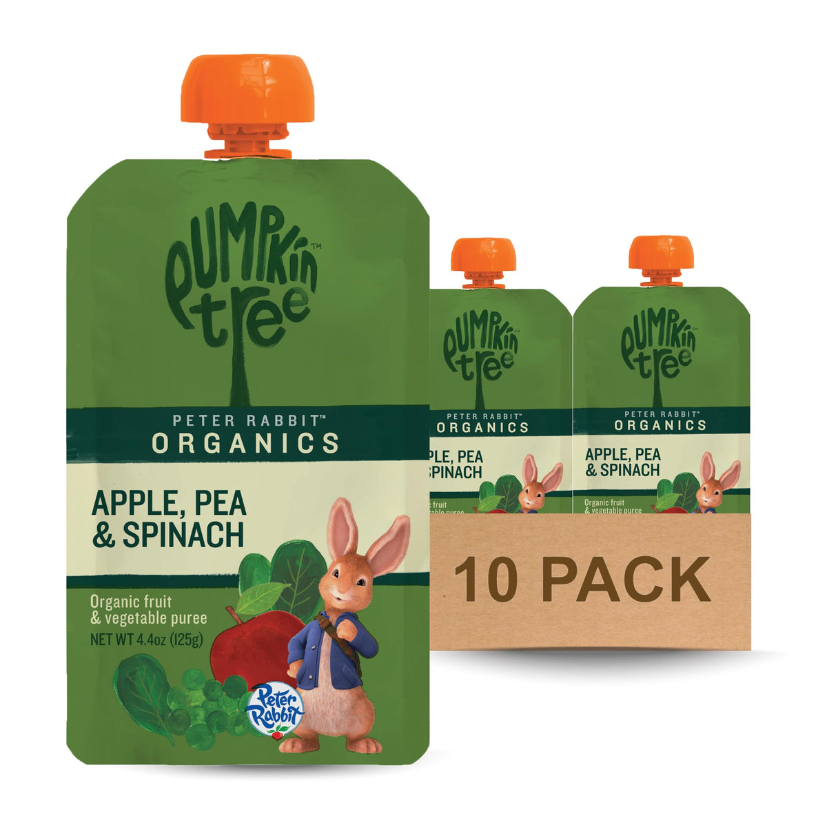 Pumpkin Tree Peter Rabbit Organic puree packaging showing the pea-spinach-apple blend