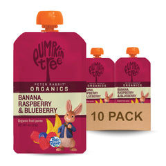 Pumpkin Tree Peter Rabbit Organics raspberry banana blueberry squeeze pouch front view for on-the-go snacking.