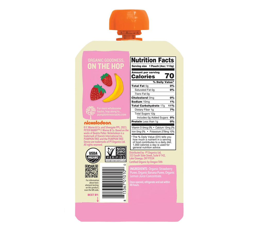 Pumpkin Tree Peter Rabbit Organic strawberry banana pouch close-up, ideal for on-the-go snacking.