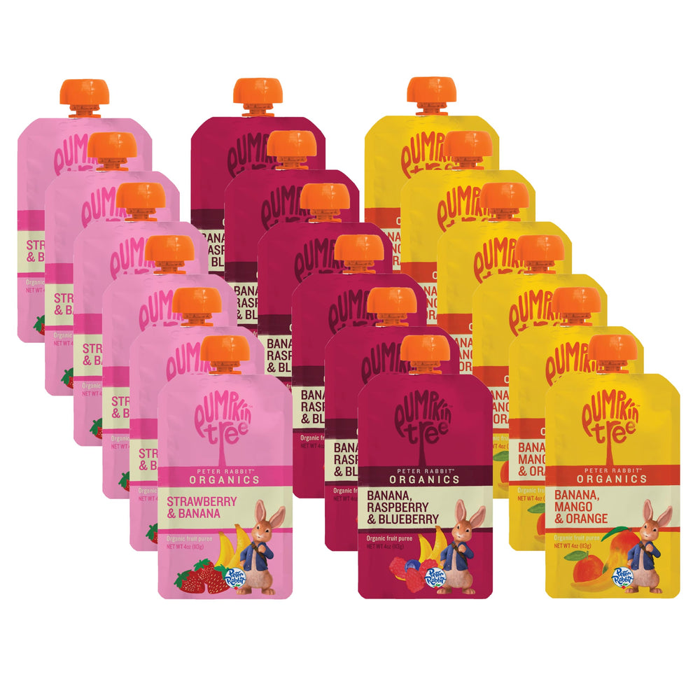 Peter Rabbit Organics variety pack of 18 squeezable pouches on a kitchen counter for on-the-go snacking