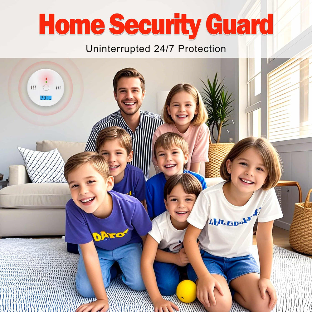 Pumwry battery-powered CO detector for safe, cord-free installation on wall or ceiling.
