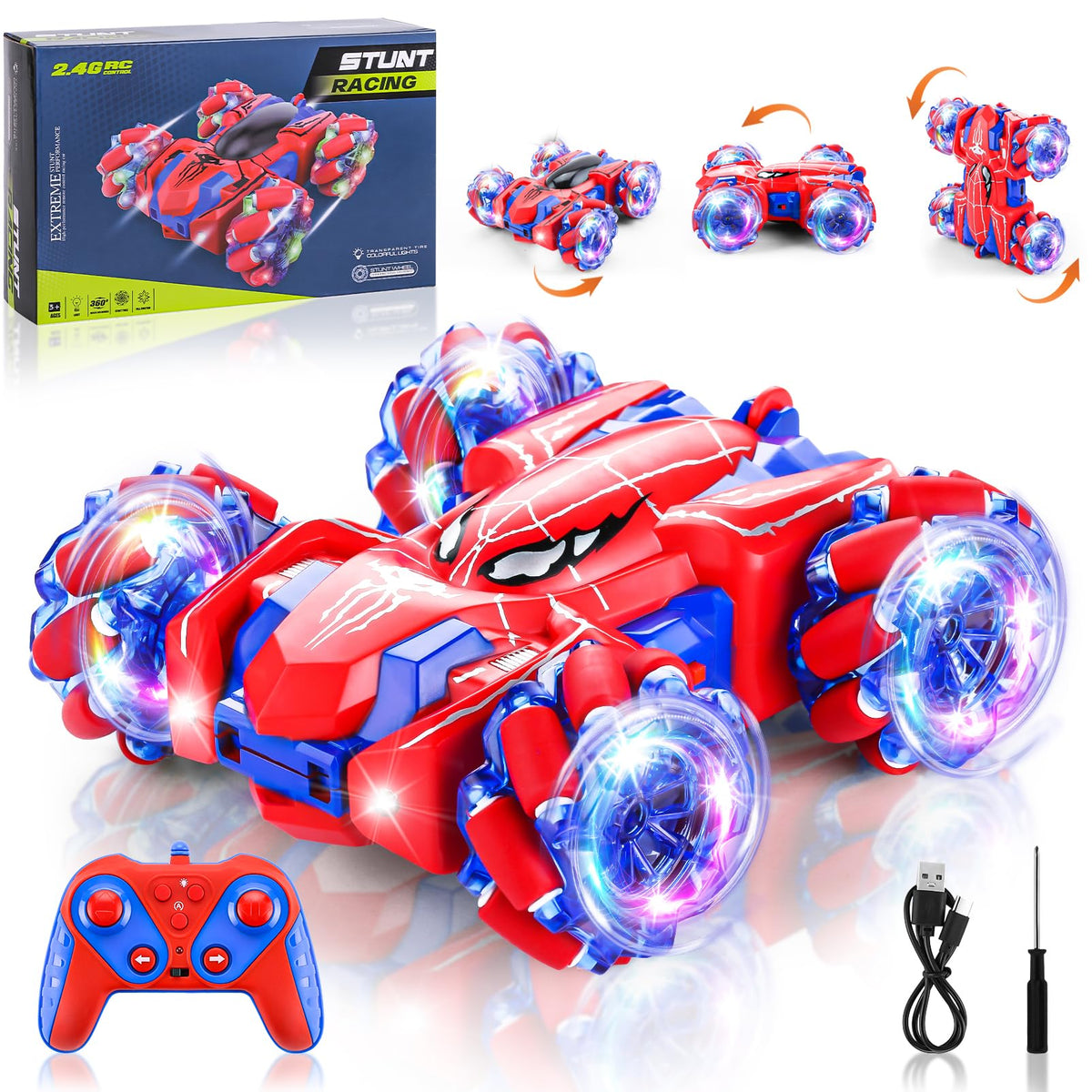 Punieayi Spider RC Car front view with bright LEDs for night play.