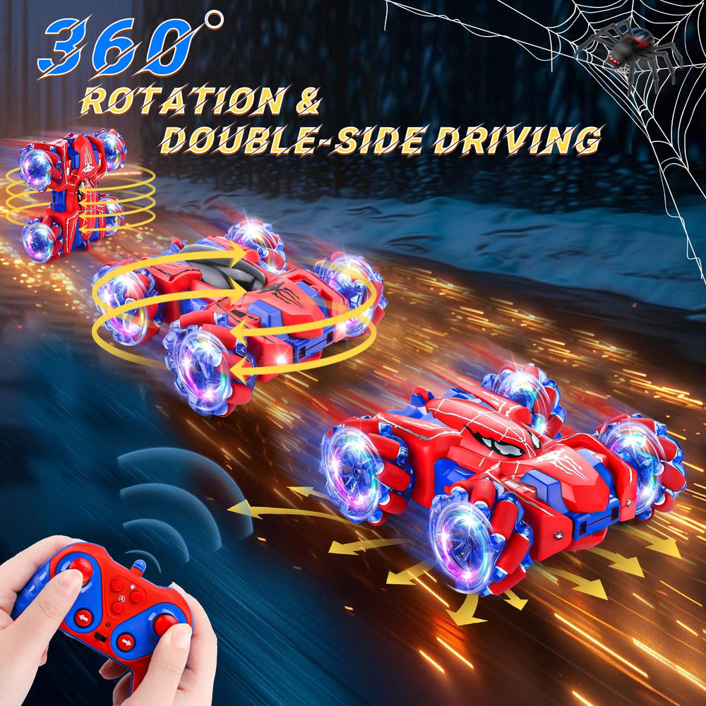 Punieayi Spider RC Car side view showing dual-sided stunt capability.
