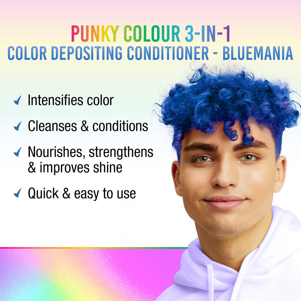 Punky Bluemania applied to hair shows blue color deposit and conditioning.