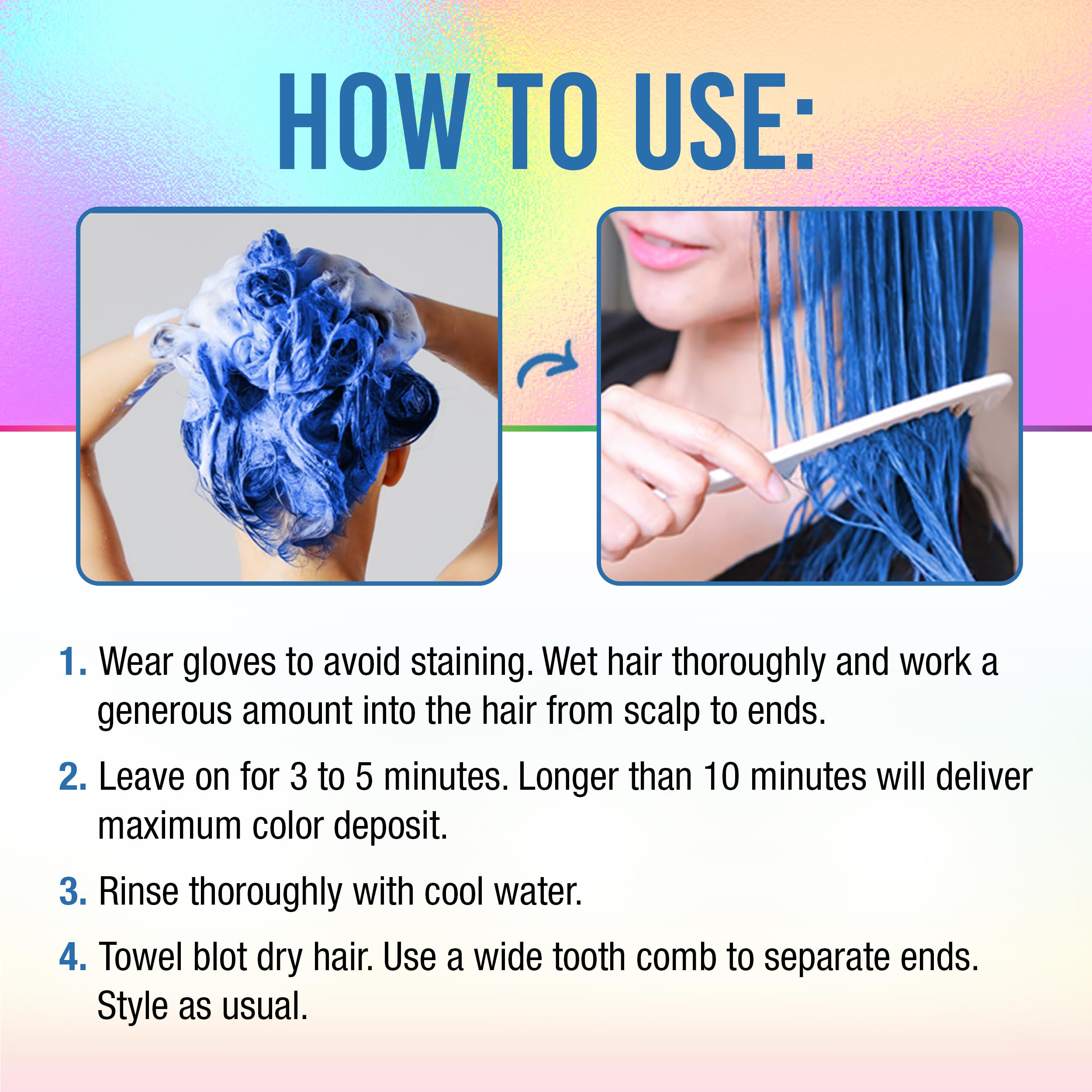 Shiny blue hair after Bluemania rinse demonstrates even color and brightness.