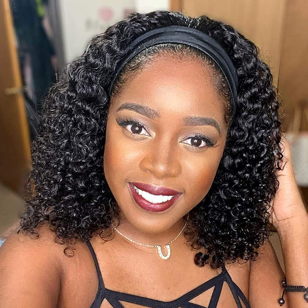 Punmasa headband wig in deep wave, 12 inch, natural black, silky texture.