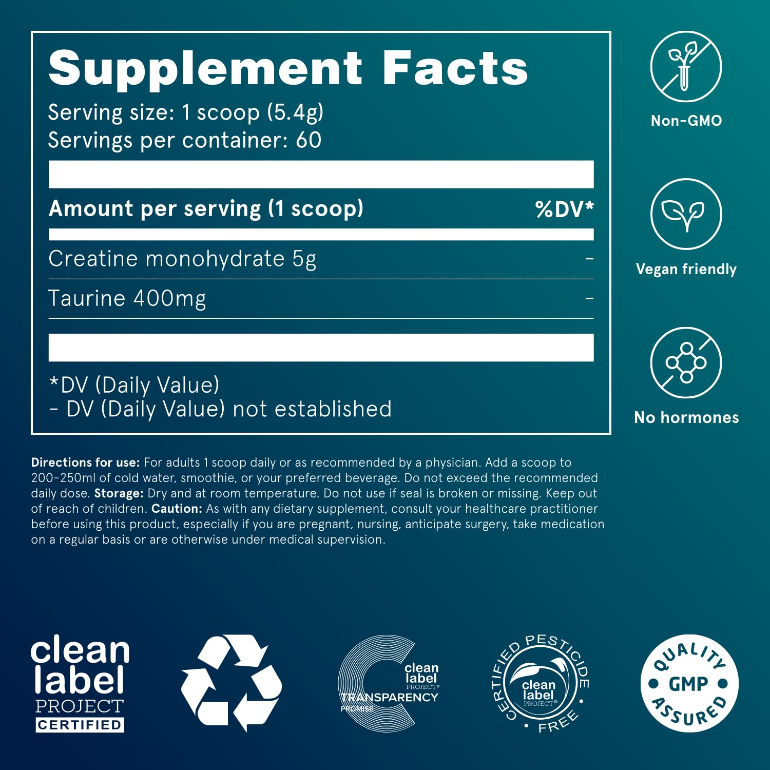 Puori Creatine Monohydrate and Taurine ingredients label emphasizes purity.